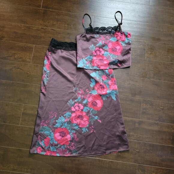 Free People Salvatore Set Womens S Floral Romance Coquette 90s Lace Satin Brown - Picture 4 of 10